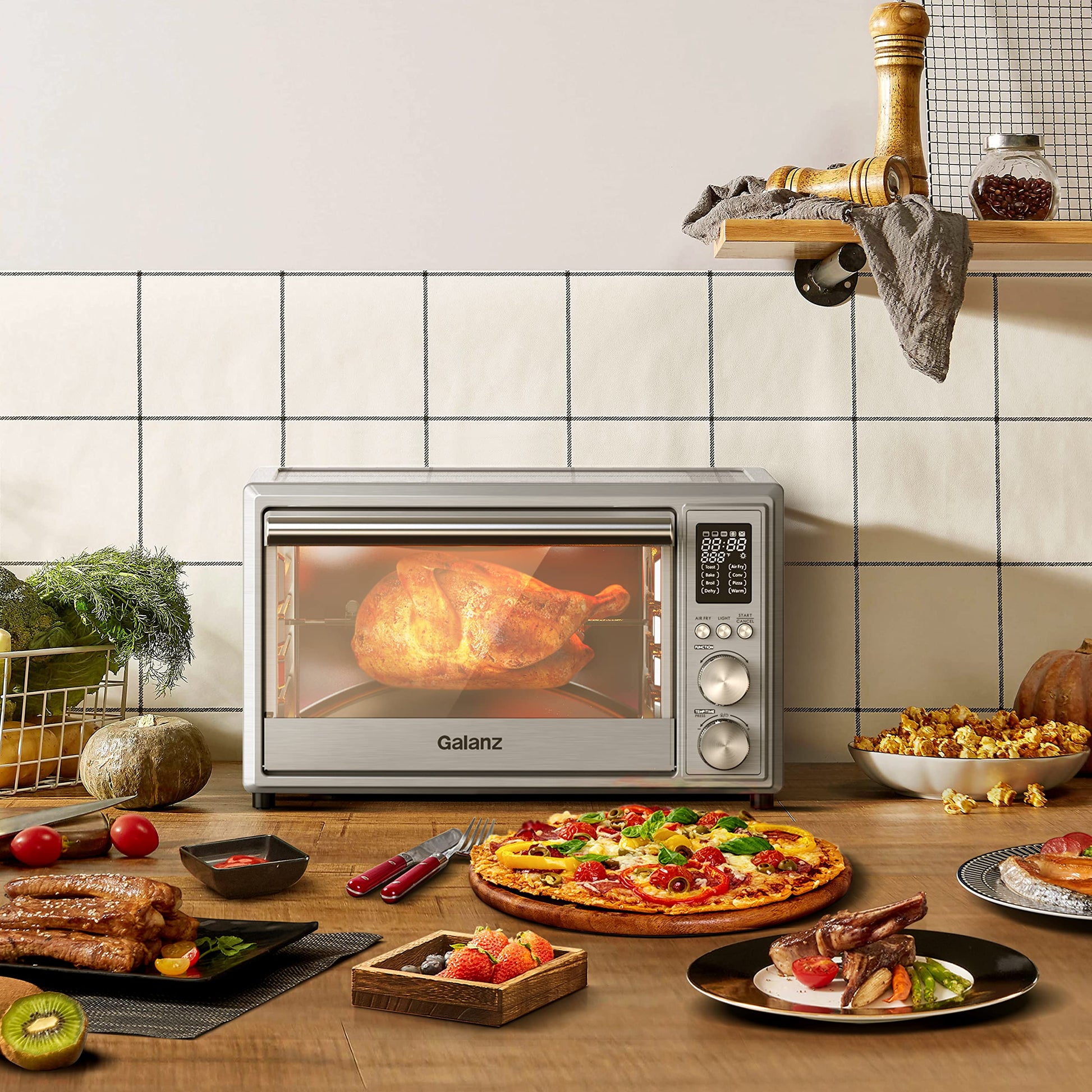 Galanz GT12SSDAN18 - tostador digital para freír y asar 8 en 1, horno de convección con pizza y deshidratado, 4 accesorios incluidos, 1800W, 26 cuartos de galón grande, acero inoxidable, 30L, 2