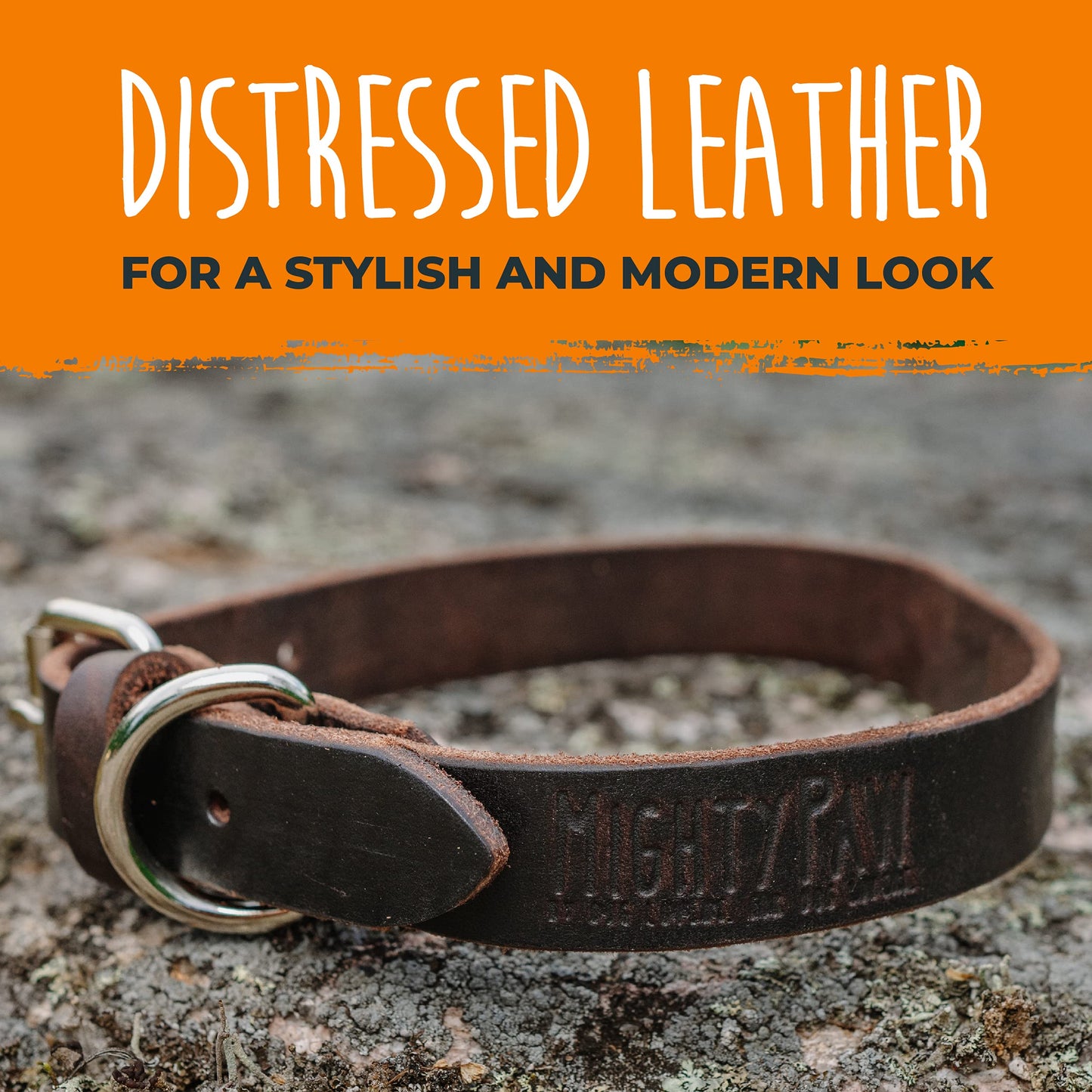 Mighty Paw- Collar de cuero para perro | Piel auténtica desgastada y una hebilla de metal fuerte. Súper suave para máxima comodidad. Aspecto de diseñador moderno para mascotas pequeñas, medianas, grandes y XL (marrón)