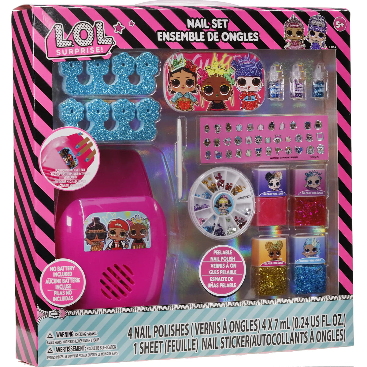 L.O.L. Surprise! Townley Girl, Non-Toxic Peel-Off Water-Based Safe Quick Dry Nail Polish Gift Kit Set for Kids Set With Nail Gem Wheel, Nail Stickers, Toe Spacers, Nail File, Glitter Vials, and Nail Dryer, Batteries Not Included, Ages 5+