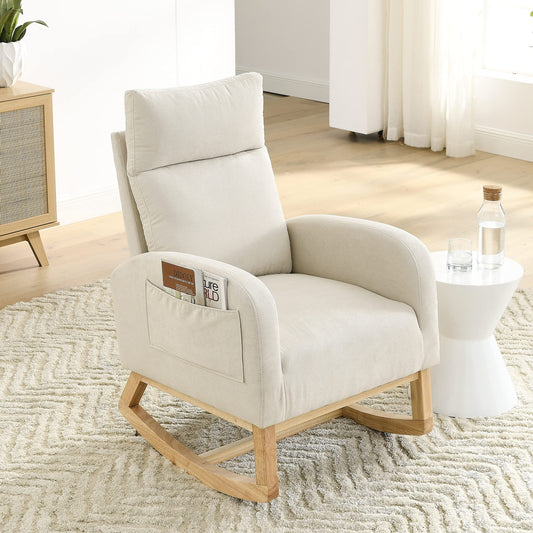 Krinana - Mecedora de guardería con patas de madera maciza, silla planeadora para guardería con dos bolsillos laterales, sillón basculante para sala de estar, recámara (beige, tela de lino)