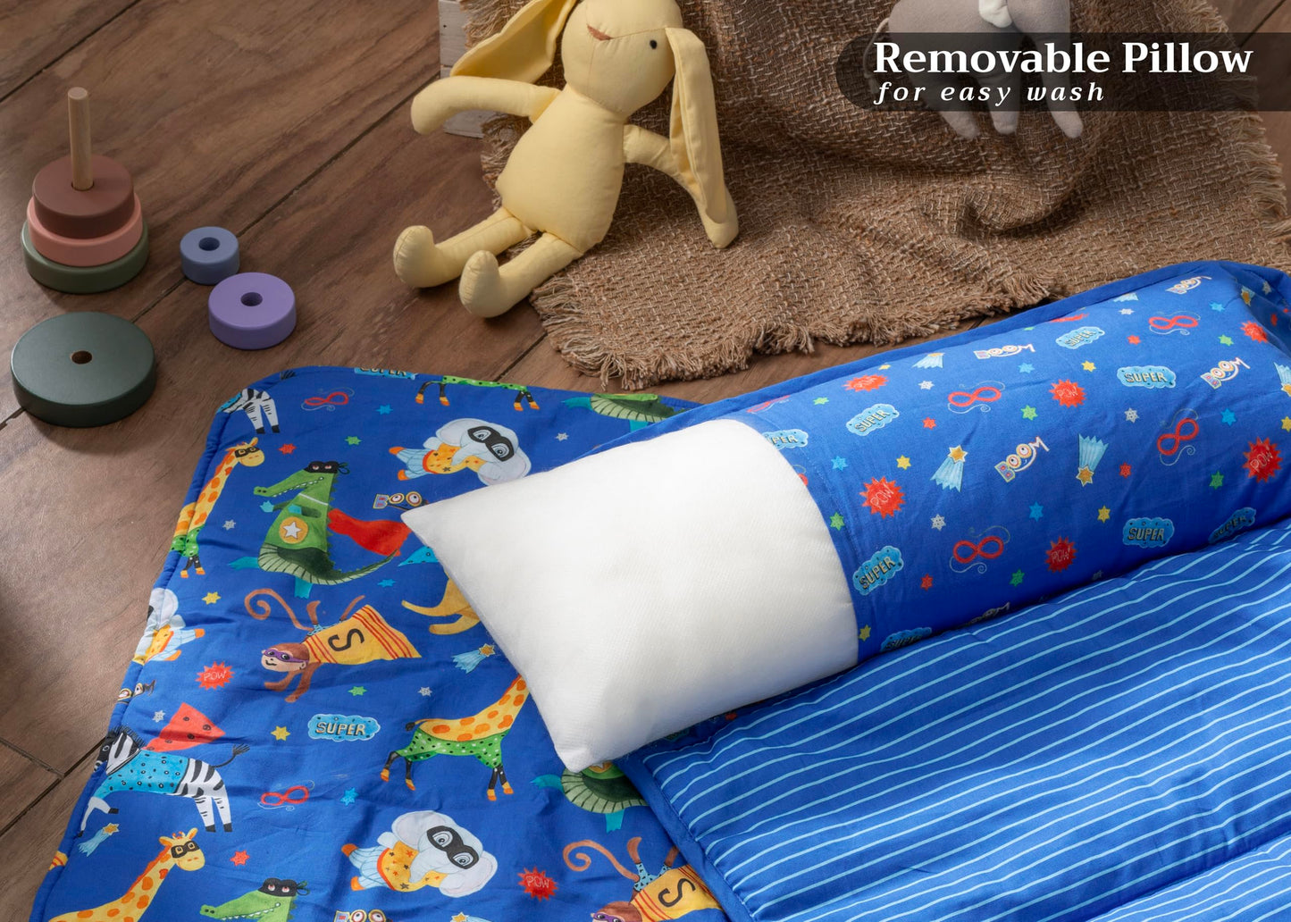 Maison d'Hermine - Tapete de siesta de superhéroe con almohada y manta reutilizables de 55 x 27 x 1.5 pulgadas, para niños y niñas, tapete de dormir preescolar con correas de transporte para el