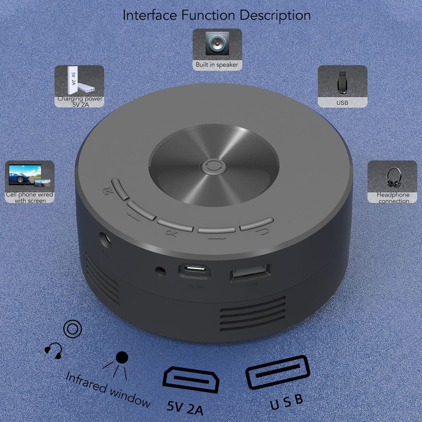 Hilitand Mini 1080P, de Películas Portátil con Interfaz Enriquecida y Altavoz Incorporado de Cine en Casa Portátil Al Aire Libre para Teléfono Inteligente