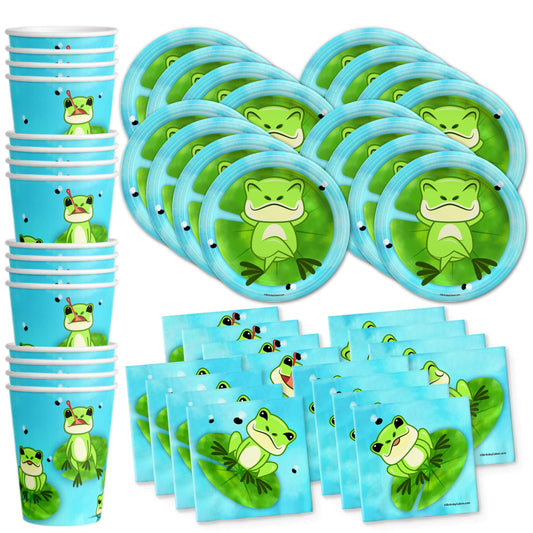 Juego de suministros para fiesta de cumpleaños de rana, platos, servilletas, tazas, vajilla para 16