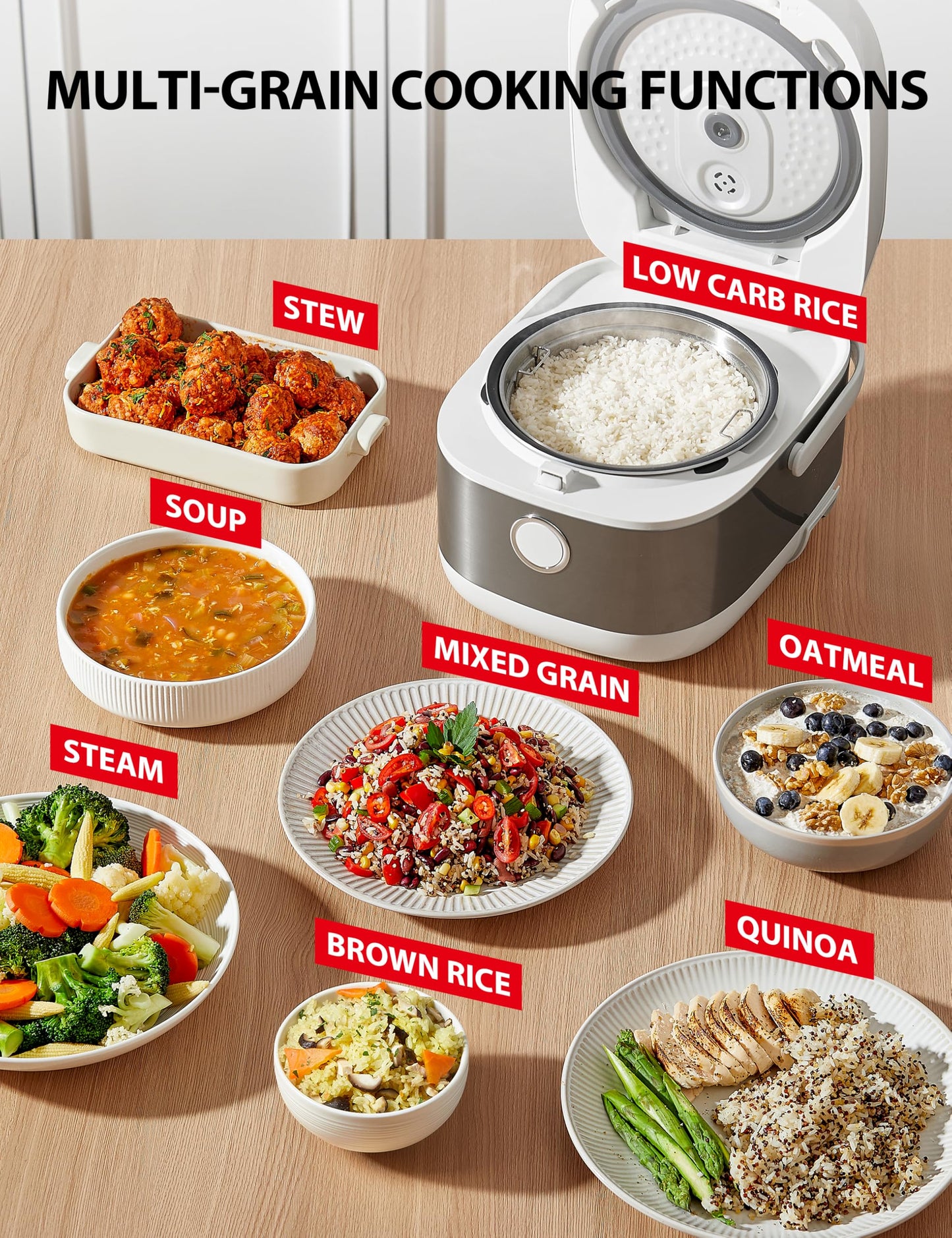 Olla de Arroz Toshiba Blanca con Calefacción por Inducción, Baja en Carbohidratos y Azúcar, Vaporizador Digital, 8 Funciones de Cocción, Temporizador de 24 Horas
