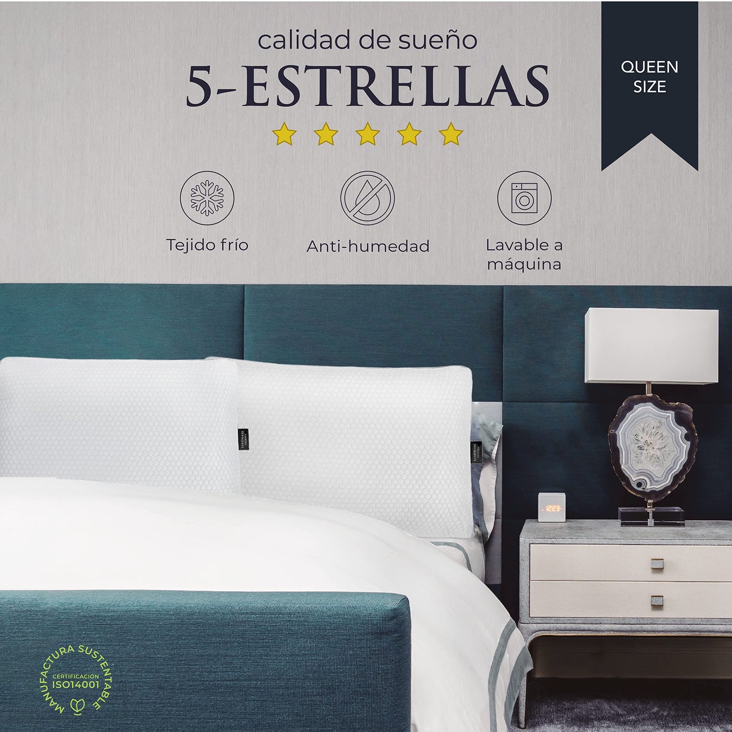 Landmark Collection - Almohada Saten de Algodon Egipcio - Paquete de 2 - Almohada Tamaño King Size - Almohadas Hoteleras Relleno Micro Gel | Sensacion Suave - Cama (Queen o King)