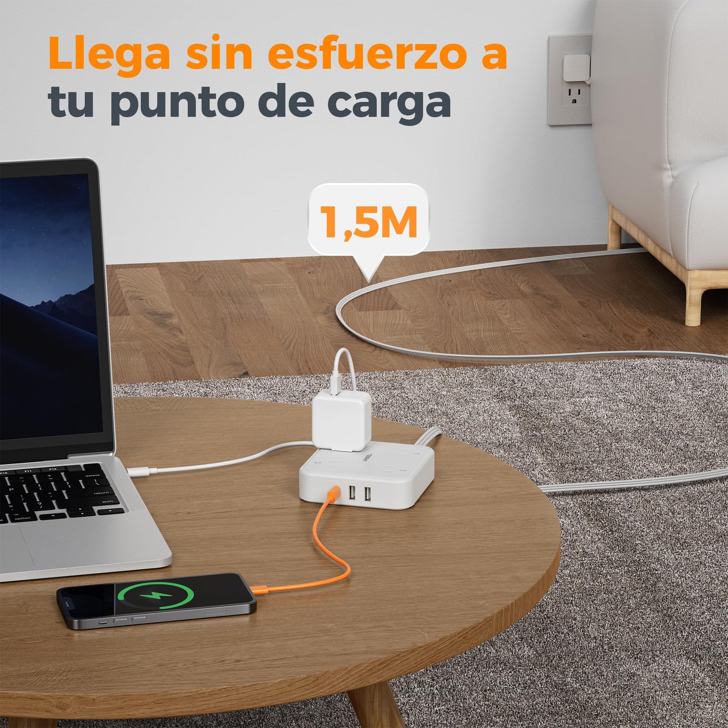 TESSAN Regleta Multicontacto con Protector de Sobretensión, 1.5M Plana Extension Electrica, Enchufe Plano Conector Multiple con 4 Salidas y 3 USB (1 USB C), Hogar Oficina Dorm, Puro Blanco