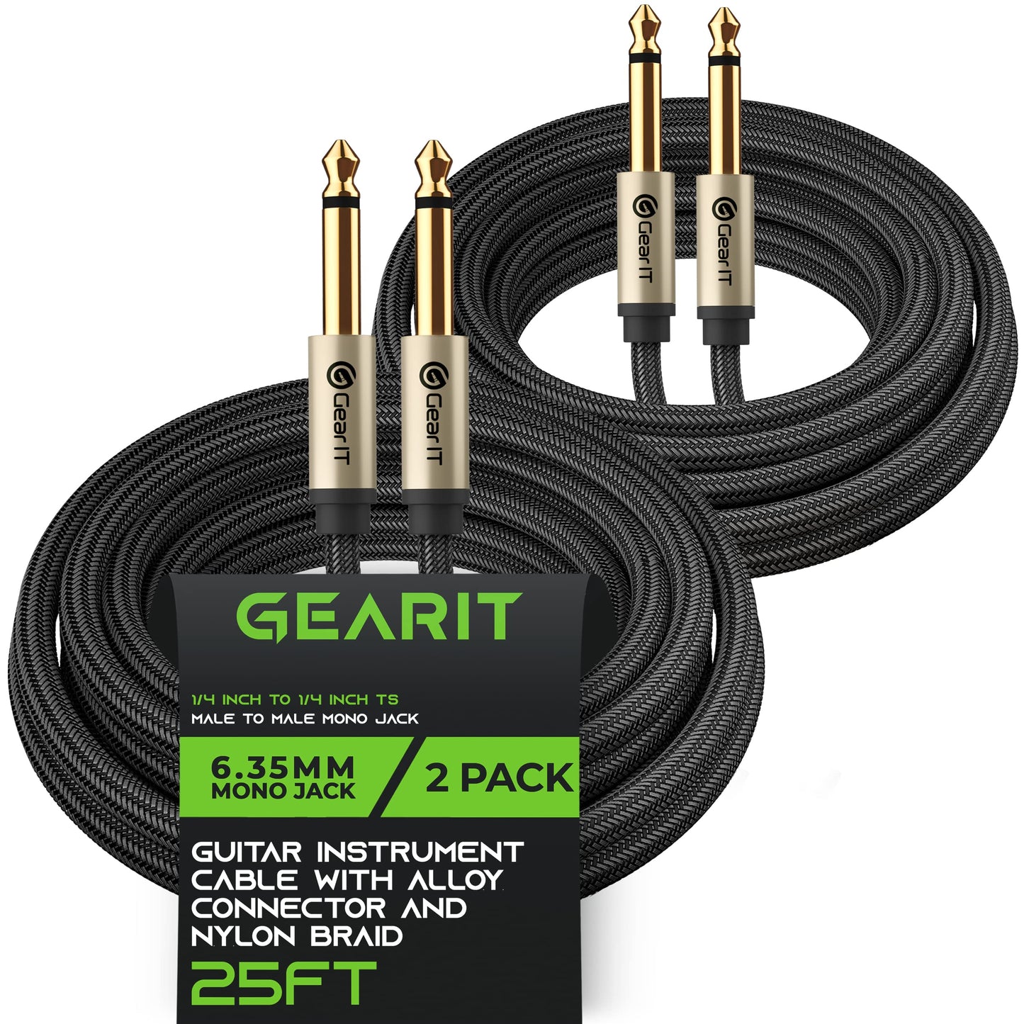 GearIT - Cable para guitarra eléctrica de 1/4 pulgadas a 1/4 pulgadas (4.5 metros, paquete de 2 TS recto, macho a macho, Mono Jack de 6.35 mm con conector de aleación y trenzado de nailon