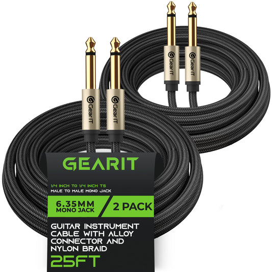 GearIT - Cable para guitarra eléctrica de 1/4 pulgadas a 1/4 pulgadas (4.5 metros, paquete de 2 TS recto, macho a macho, Mono Jack de 6.35 mm con conector de aleación y trenzado de nailon