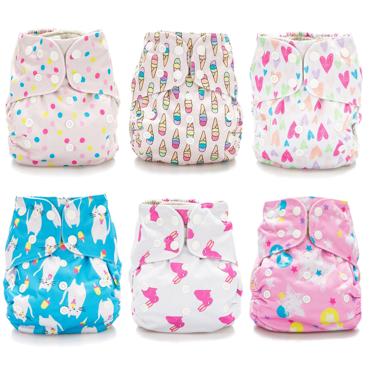 Simple Being - Pañales de tela reutilizables, paquete de 6, de bolsillo, tamaño ajustable, cubierta impermeable, 6 insertos, bolsa húmeda, doble refuerzo (Dulces)
