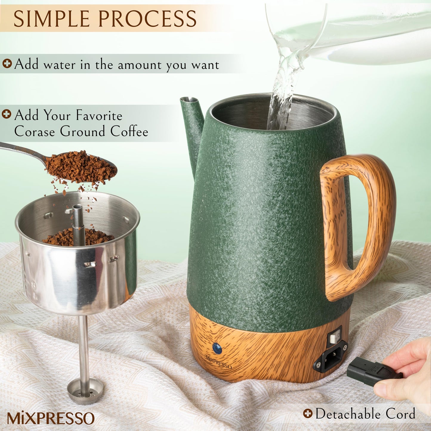 Cafetera Mixpresso Verde con Percolador Eléctrico de Acero Inoxidable, Función Mantener Calor, 10 Tazas