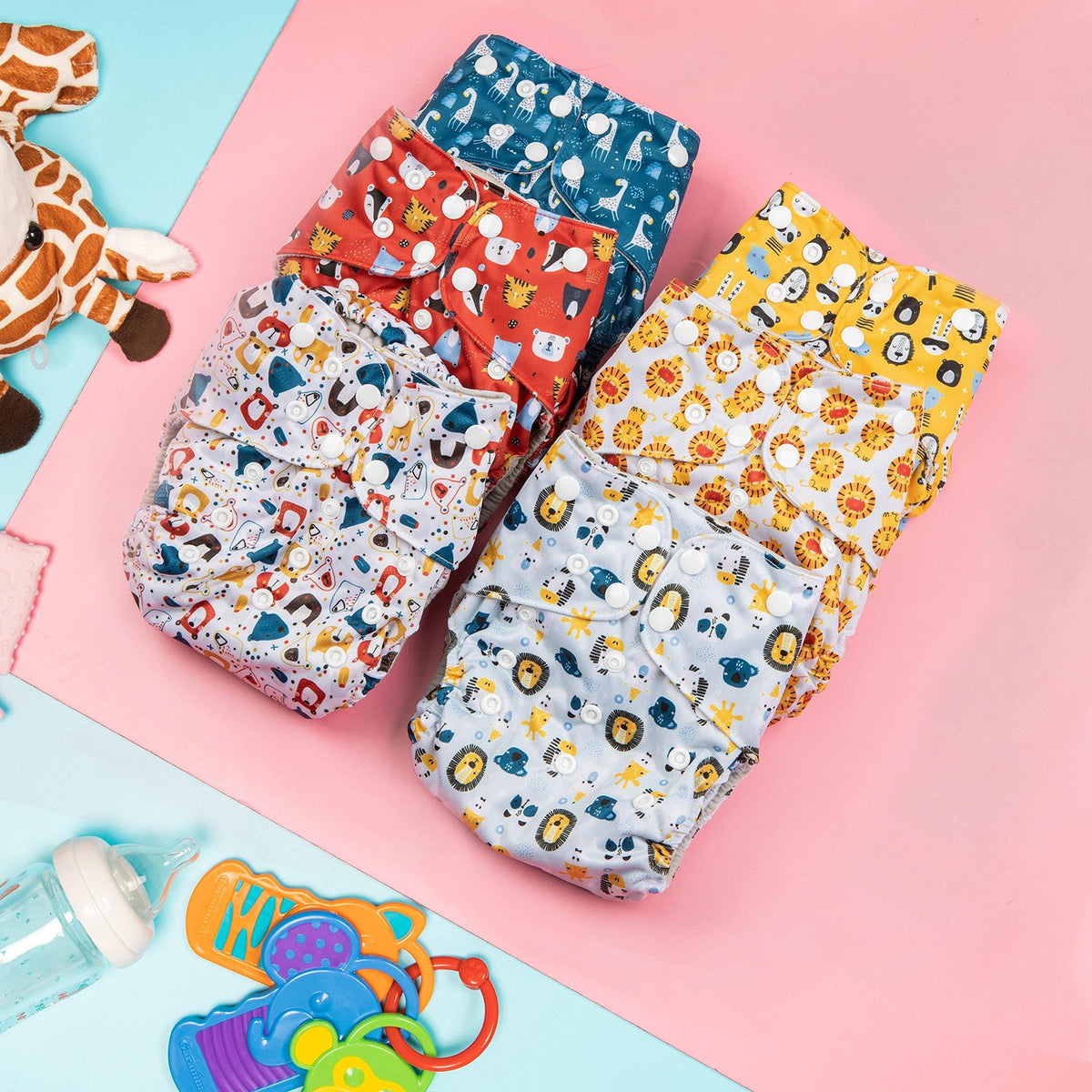 Simple Being - Pañales de tela reutilizables, doble fuelle, talla única, lavable, suave absorbente, cubierta impermeable, respetuoso con el medio ambiente, unisex, bebé niña, niño, seis inserciones de