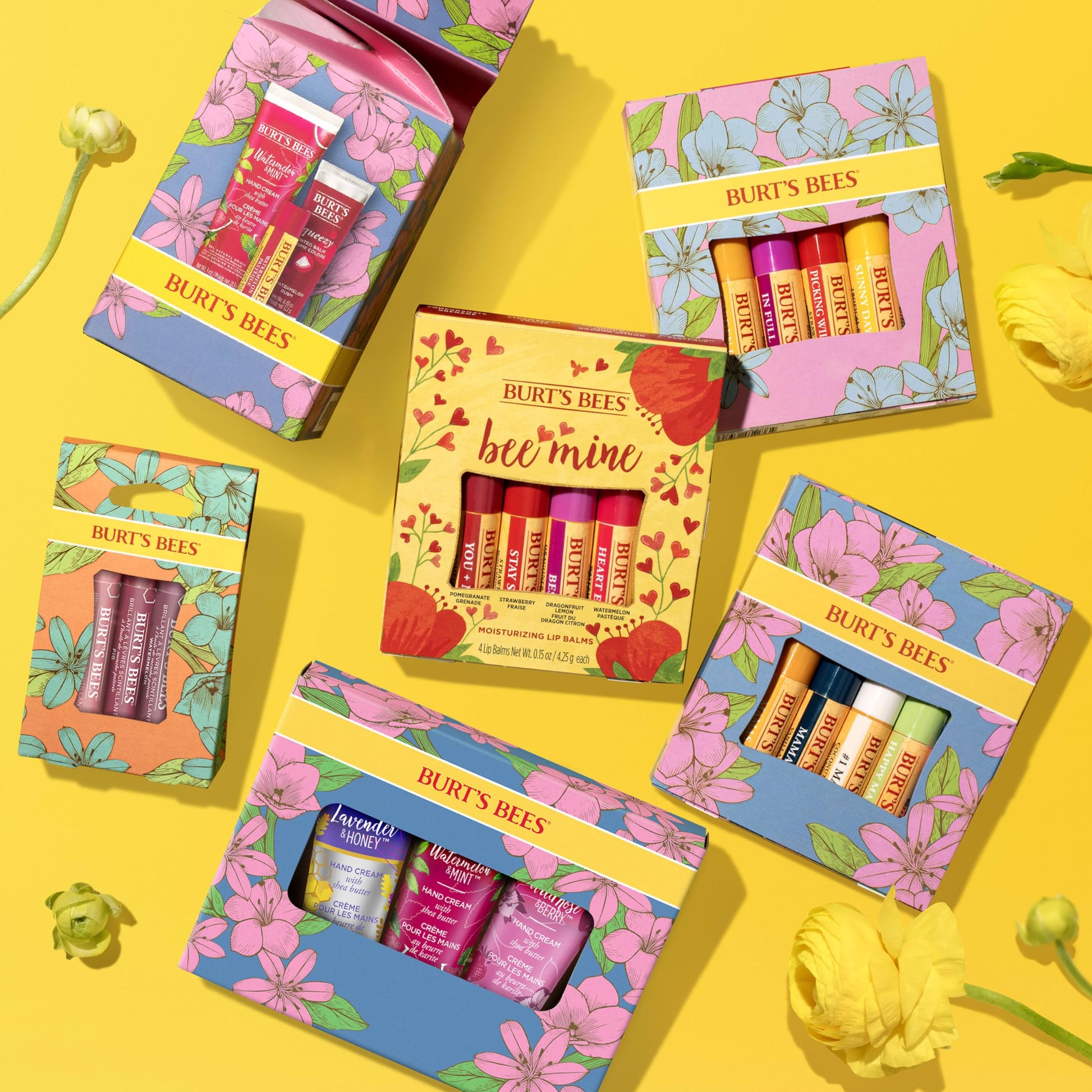 Burt's Bees Lip Balm Spring Gifts, Nourishing Lip Care for All Day Hydration, Balm Bouquet Set - Beeswax, Vanilla Bean, Cucumber Mint & Coconut and Pear, 4 Pack (Packaging May Vary)