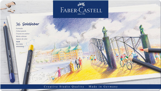 Faber-Castell Colores Goldfaber para Arte con 36 colores elaborados con excelente resistencia a la luz y a caídas, son ideales para artistas profesionales y aficionados que buscan proyectos creativos