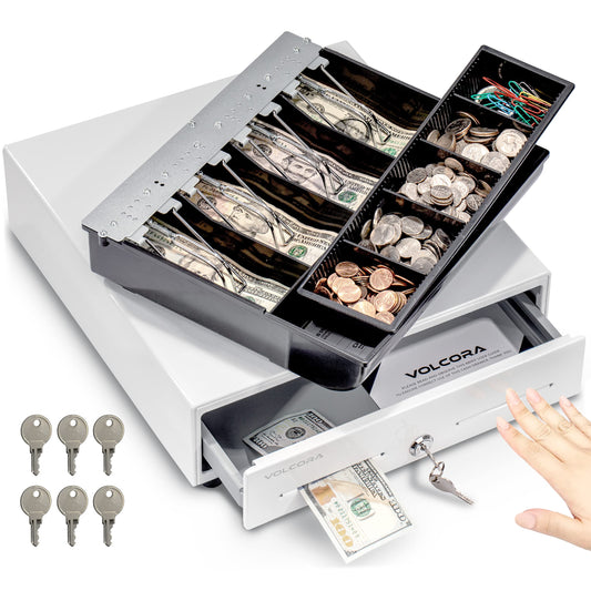 Cajón Registradora Volcora Blanco Resistente de 13 Pulgadas con Cerradura para POS, 4 Billetes y 5 Ranuras para Monedas