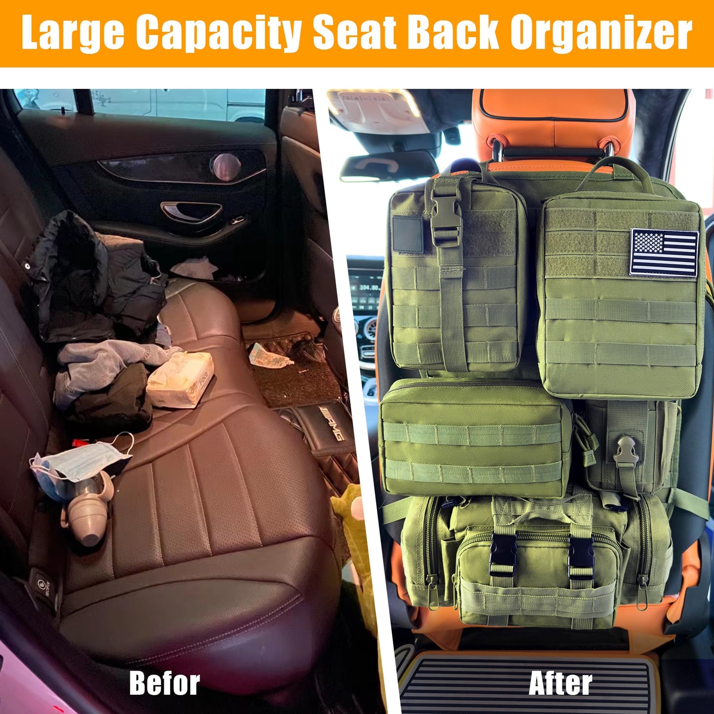 Paquete de 6 organizadores tácticos MOLLE para respaldo de asiento de automóvil - Bolsa de almacenamiento universal para vehículos con 5 bolsas MOLLE desmontables, parche de bandera de EE.UU. y
