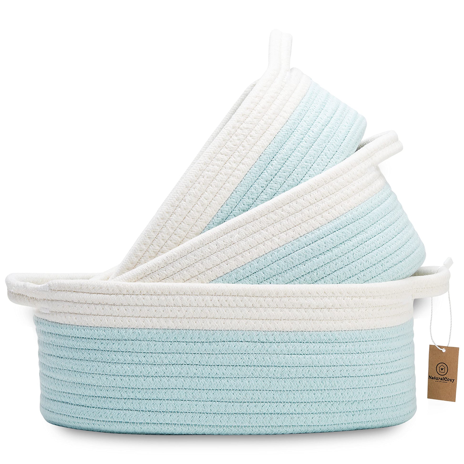 NaturalCozy 3-Pieza Cestas de Cuerda de Algodón 100% Natural - Ovaladas, Tejidas, con Asas - Organizador de Juguetes, Almacenamiento para Baño, Guardería, Regalo (Blanco y Turquesa)