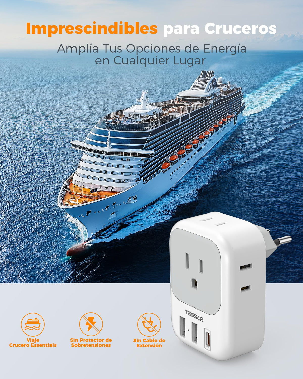 Adaptador de Viaje TESSAN Suiza con Enchufe Suizo 4 CA 3 USB