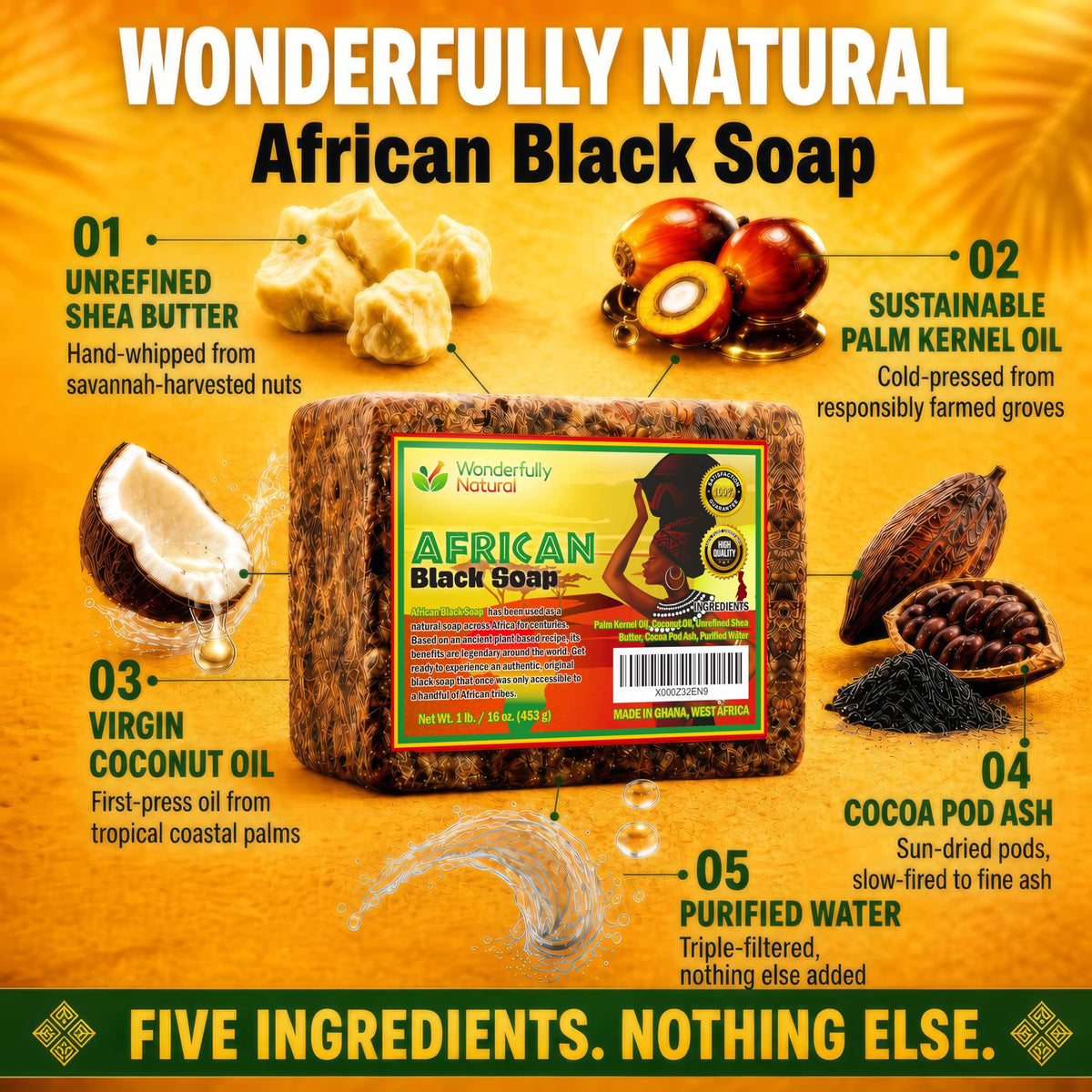 Wonderfully Natural Organic African Black Soap, 16 oz