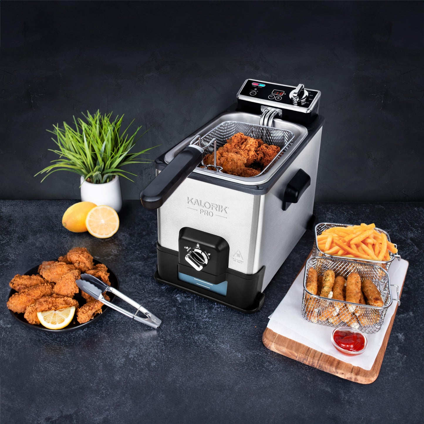 Kalorik Pro - Freidora de triple cesta de 4.2 cuartos con filtración de aceite, acero inoxidable (KPRO FT 42777 SS)