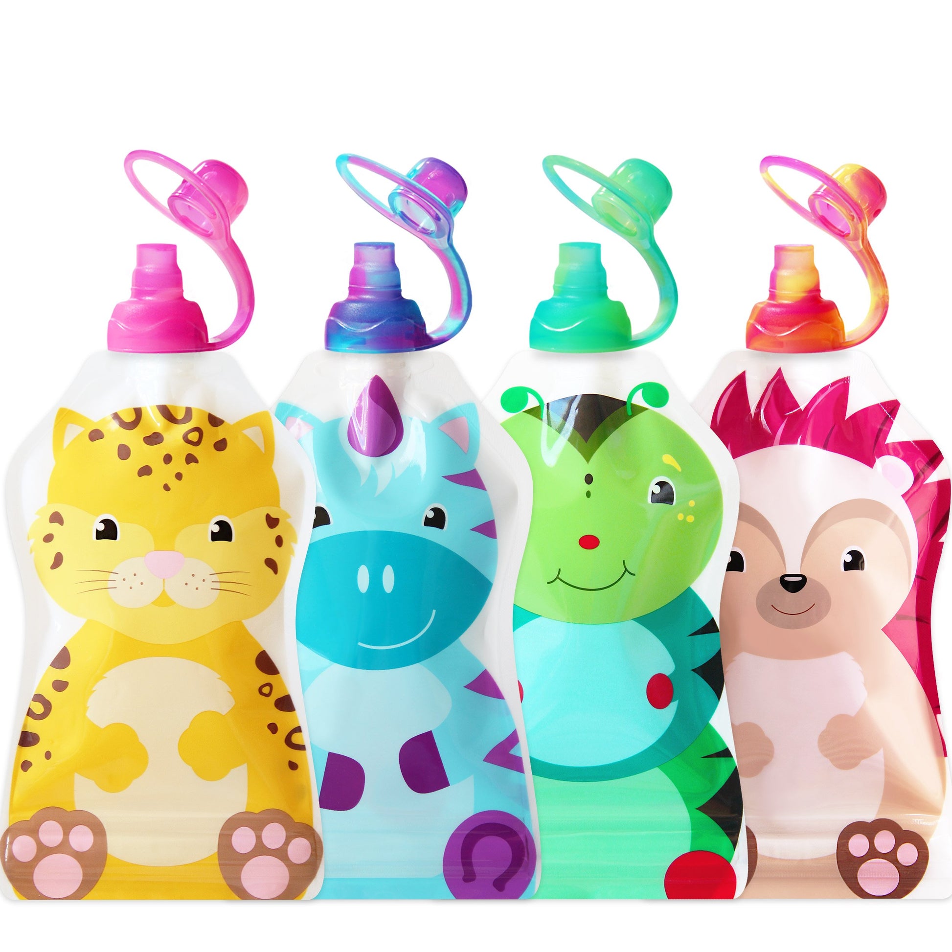 ChooMee - Juego de 4 bolsas de comida reutilizables (4 unidades, 5 oz), material suave + doble cierre, 4 tapones de válvula de cierre suave, Fresh Squad Set