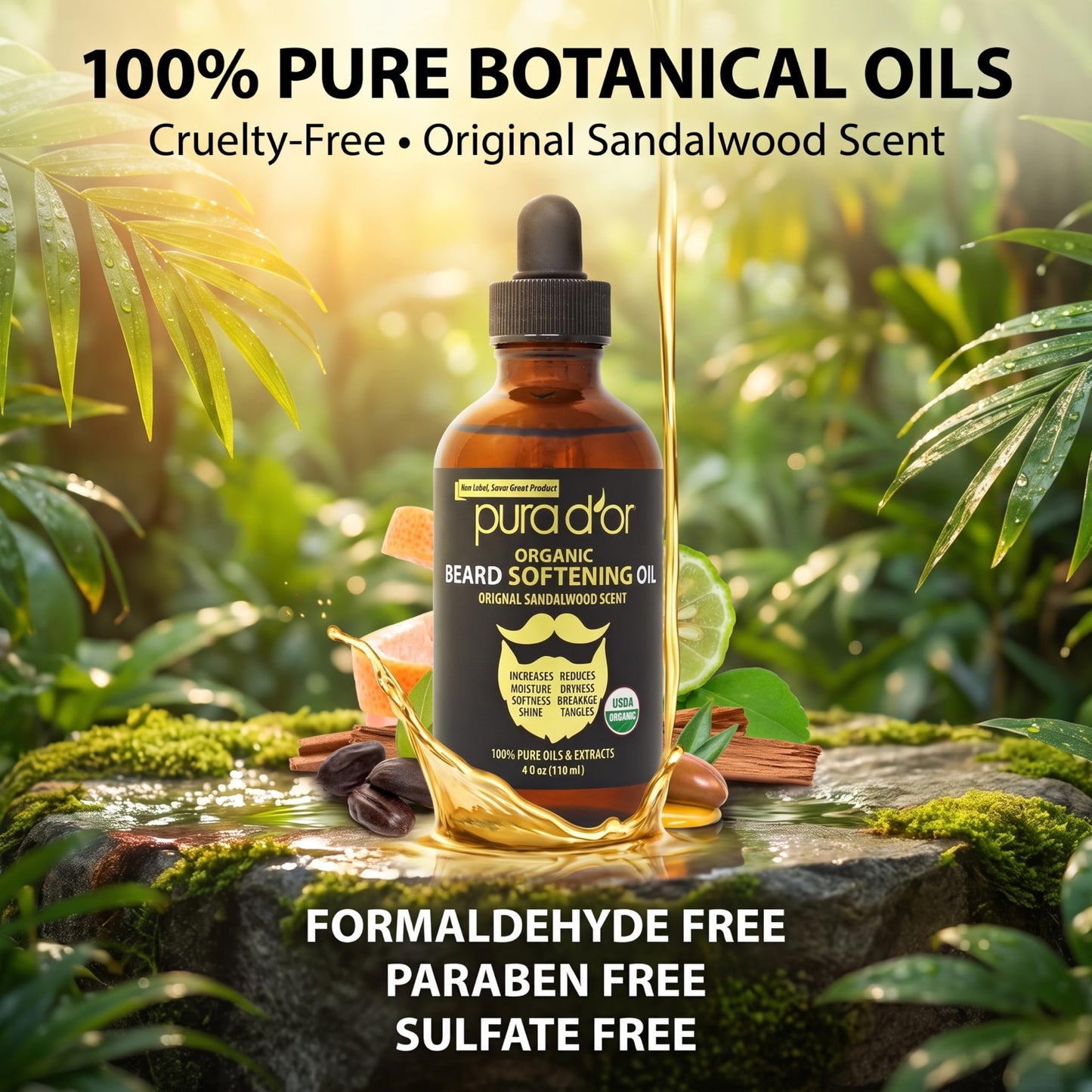 PURA D'OR Beard Oil (4oz Value Size) 100% Pure & Natural Leave-In Conditioner and Softener, For Groomed Beard Growth, Mustache, Face and Skin, For Men
