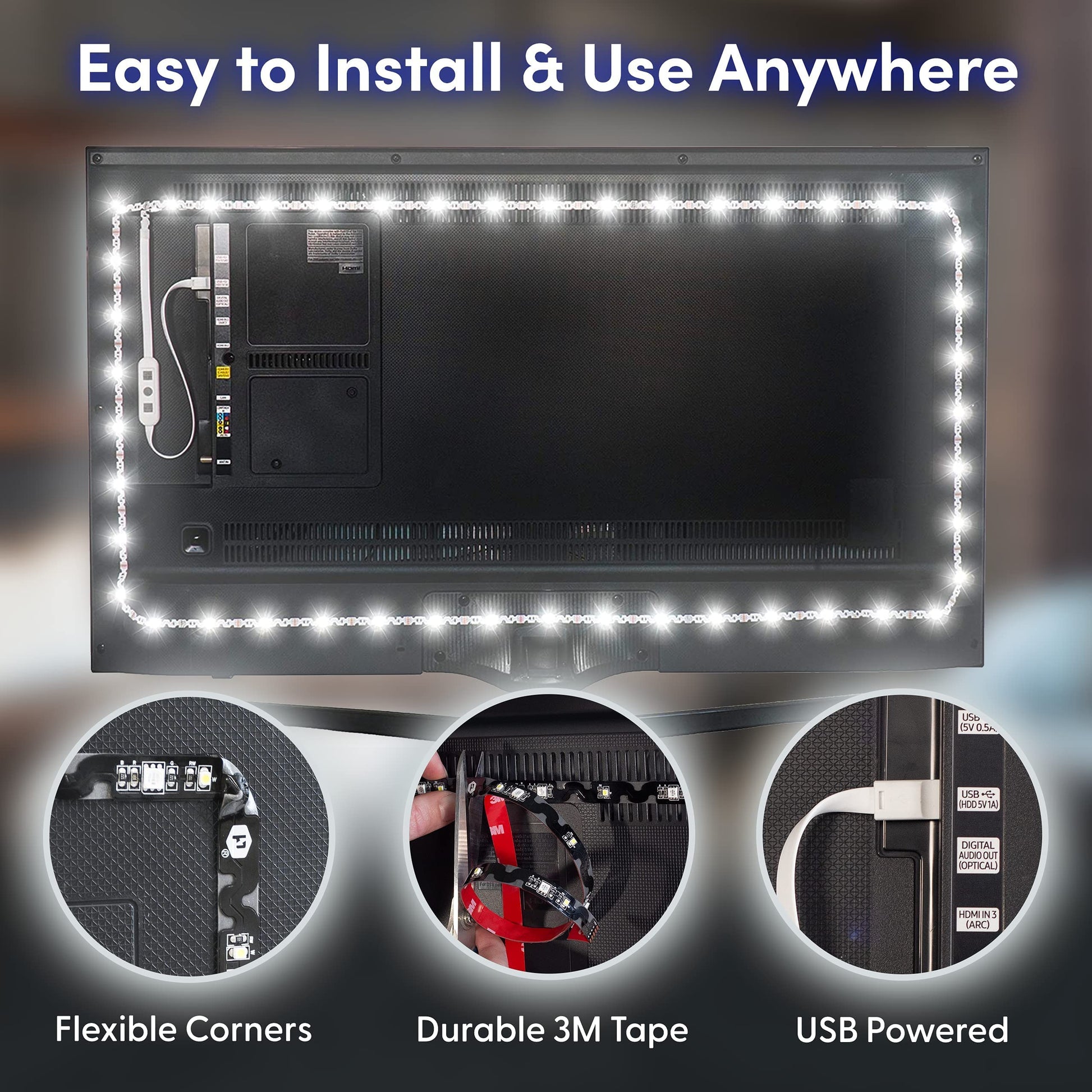 Luminoodle USB iluminación de polarización – Franja luminosa, luz ambiente para cine en casa, retroiluminación LED – 6500 K iluminación de acento para reducir la fatiga ocular, mejora contraste, Blanco, Medium (6.5 ft)
