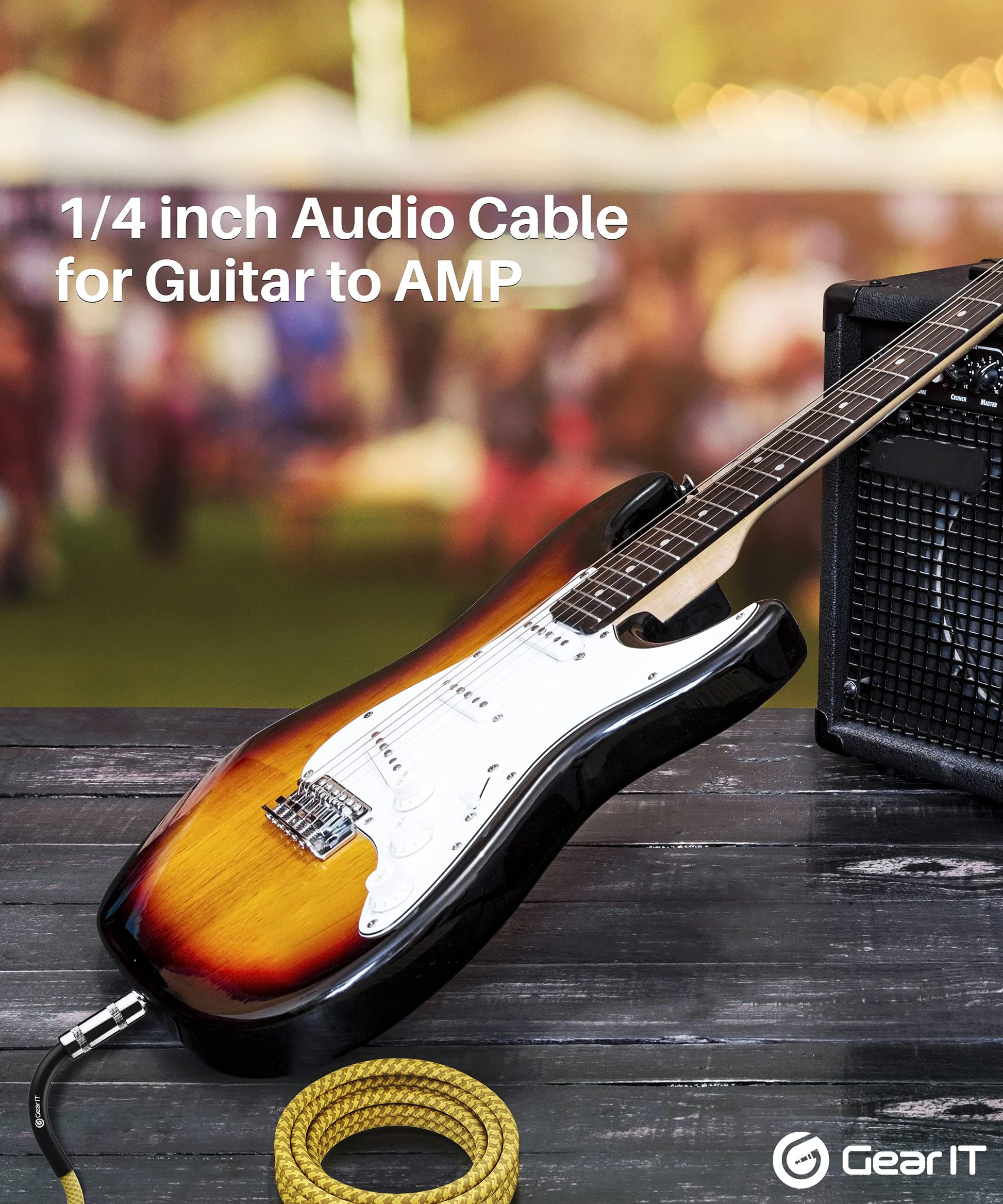 GEARit - Cable de audio para instrumento (20 pies) de 1/4 pulgadas a 1/4 pulgadas recto macho a macho para cable AMP, bajo y guitarra eléctrica, color café/amarillo