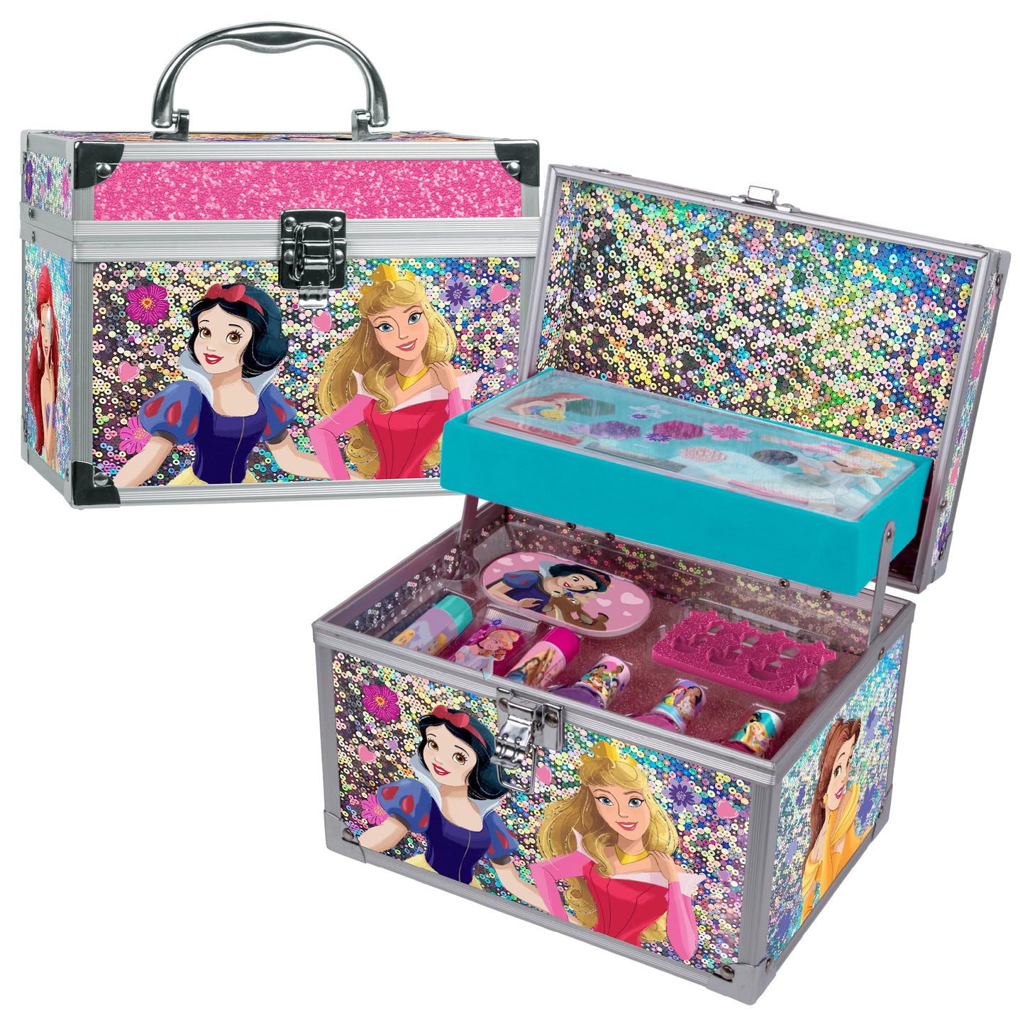 MAKEUPERIA Estuche de Maquillaje Infantil con Diseño Princesas, Maletín Metálico con Espejo, Sombras, Brillos, Esmaltes, Lima, Separadores, Pinceles y Bandeja, Maquillaje Lavable y Seguro para Niñas