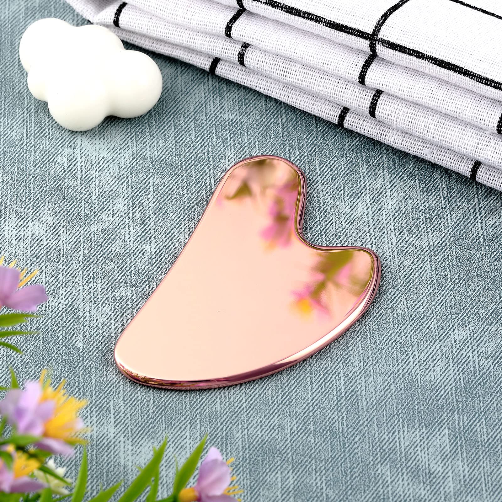 Herramienta Gua Sha de acero inoxidable para el cuidado de la piel, herramienta de masaje de belleza para el cuerpo y los ojos y el cuello con bolsa de viaje (oro rosa)
