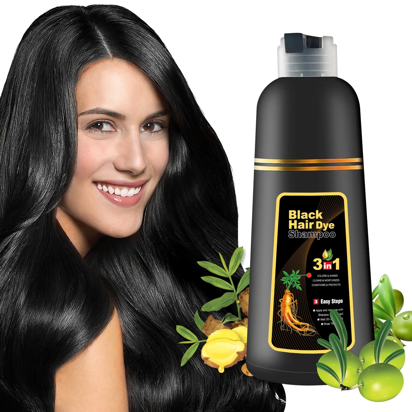 KILOMETS Champú para teñir el cabello negro: Champú Mágico de color para el cabello de mujeres - Cubre el 100% de las canas- Tinte 3 en 1 instantáneo. Con ingredientes herbales, fácil de usar, sin ensuciar, larga duración, libre de PPD y amoníaco. 500 ml