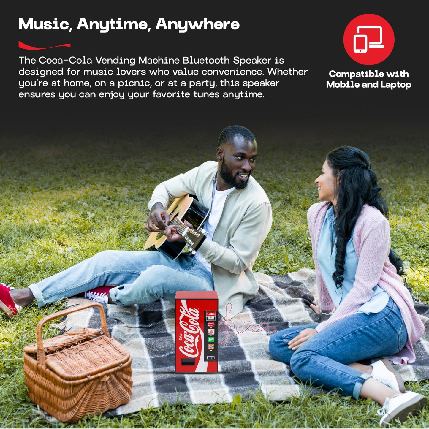 Coca-Cola - Bocina de máquina expendedora doble de 5 W, inalámbrica Bluetooth v5.3, con radio FM, reproducción USB/MicroSD, entrada AUX, alcance de 10 m, batería recargable, indicador LED, licencia