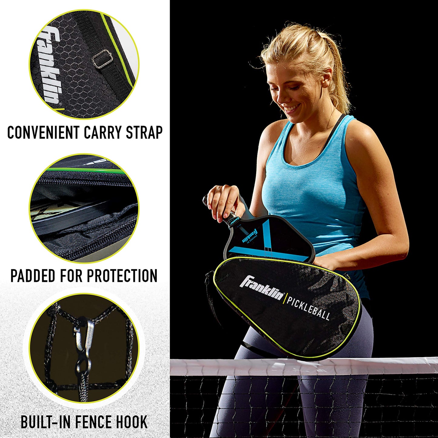 Franklin Sports Pickleball Paddle Bag - Protector de Paleta y Funda de Viaje - Bolsa Oficial del Pickleball US Open - Negro/Óptica