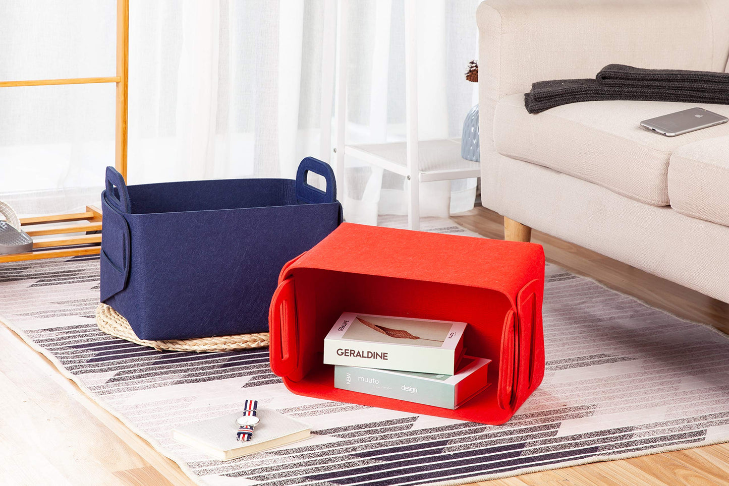 Minoisome - Cesta de almacenamiento de fieltro plegable y conveniente organizador con asas de transporte para oficina, recámara, clóset, bebés, guardería, juguetes de lavandería (rojo, 13.8 pulgadas