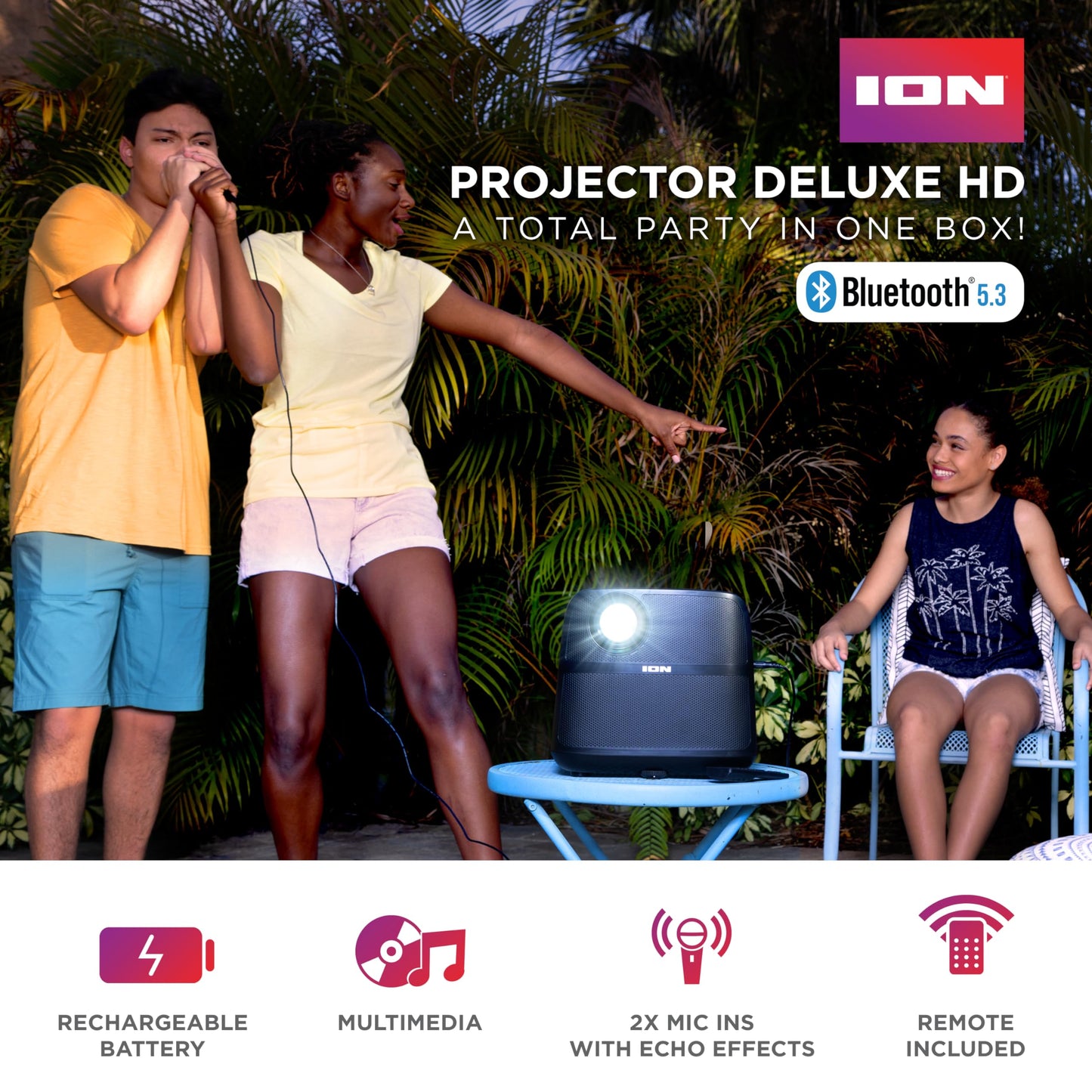 Ion Proyector LED portátil para Exteriores con Altavoces de 70 W, Bluetooth, batería Recargable, micrófono, Conexiones USB y HDMI, 720P HD
