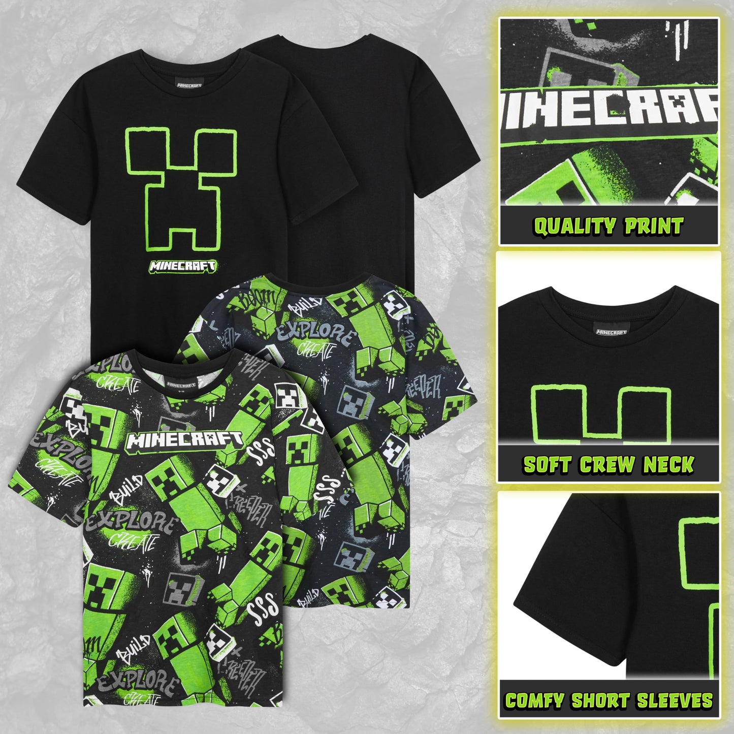 Get Trend Camisetas de manga corta para niños de Minecraft, tops de verano con cuello redondo, camisetas estampadas, paquete de 2, regalos para gamers de Creeper, de 5 a 14 años (5-6 años, paquete de