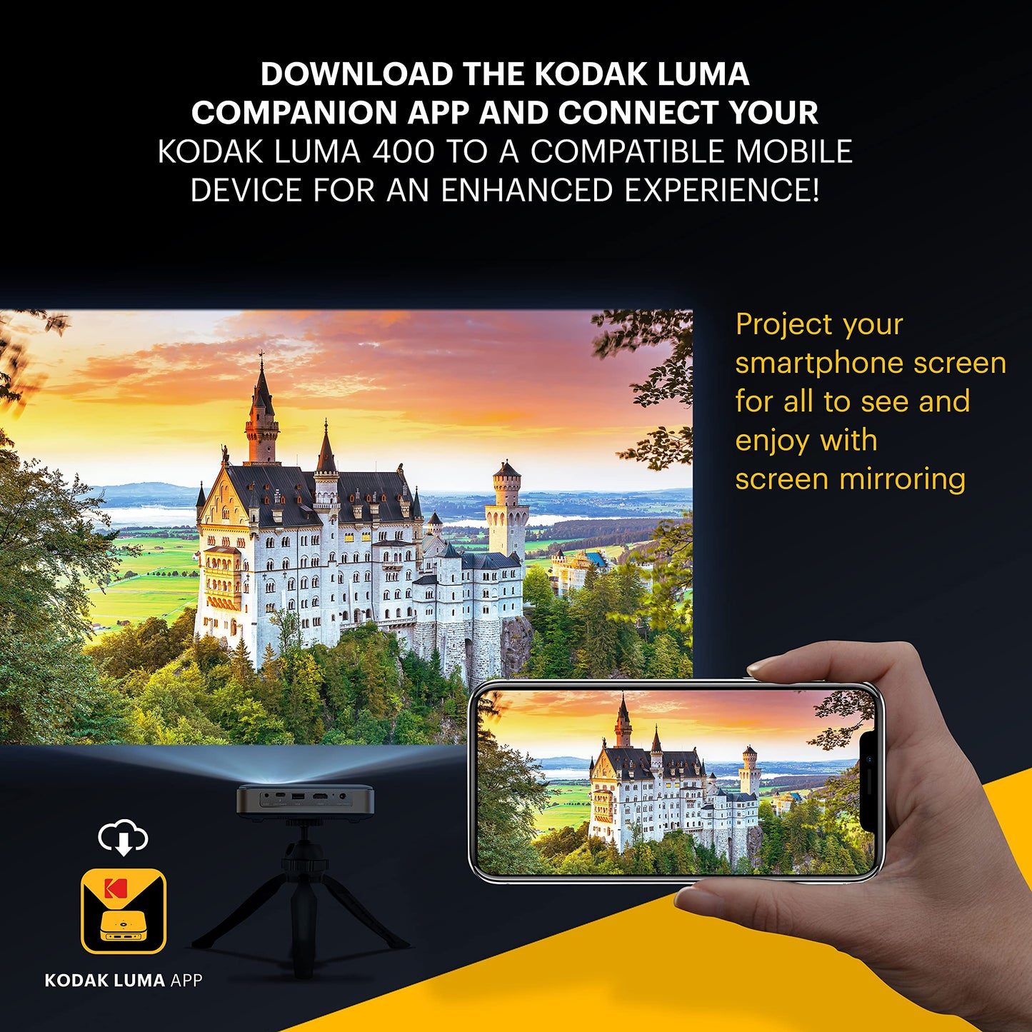 KODAK Proyector Inteligente HD portátil Luma 400 Mini Sistema de Cine en casa Compatible con Wi-Fi Bluetooth HDMI y USB de hasta 150” Resolución nativa de 720p (4K), 200 lúmenes ansi Trípode Incluido