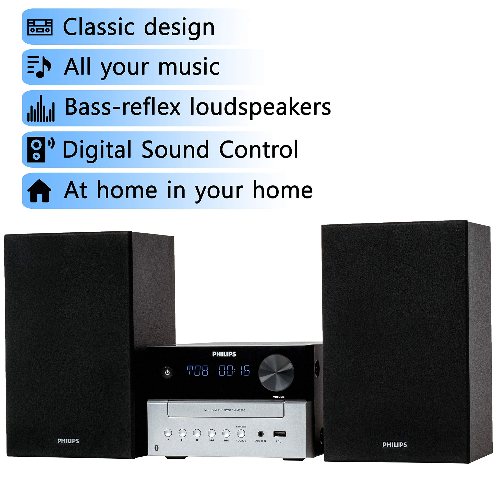 PHILIPS Sistema estéreo Bluetooth para el hogar con Reproductor de CD, transmisión inalámbrica, MP3, USB, Entrada de Audio, Radio FM, 15 W, Sistema de Sonido Micro música