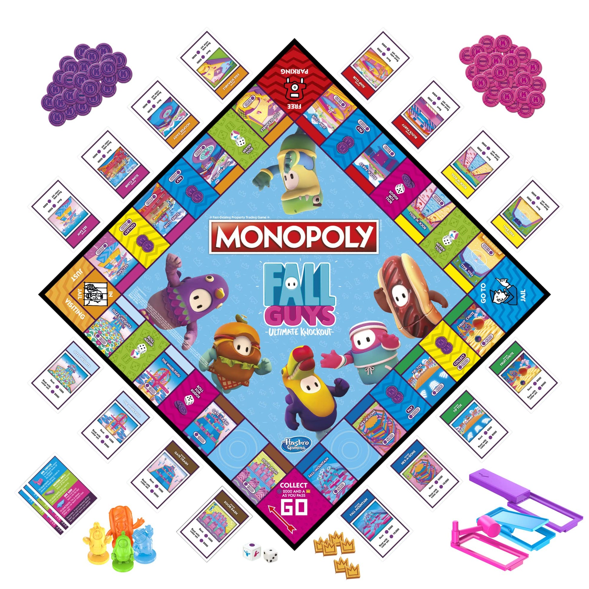 Juego de Mesa Monopoly Edición Fall Guys Ultimate Knockout para Jugadores de 8 Años+ con Obstáculos Interactivos y Troquel Knockout