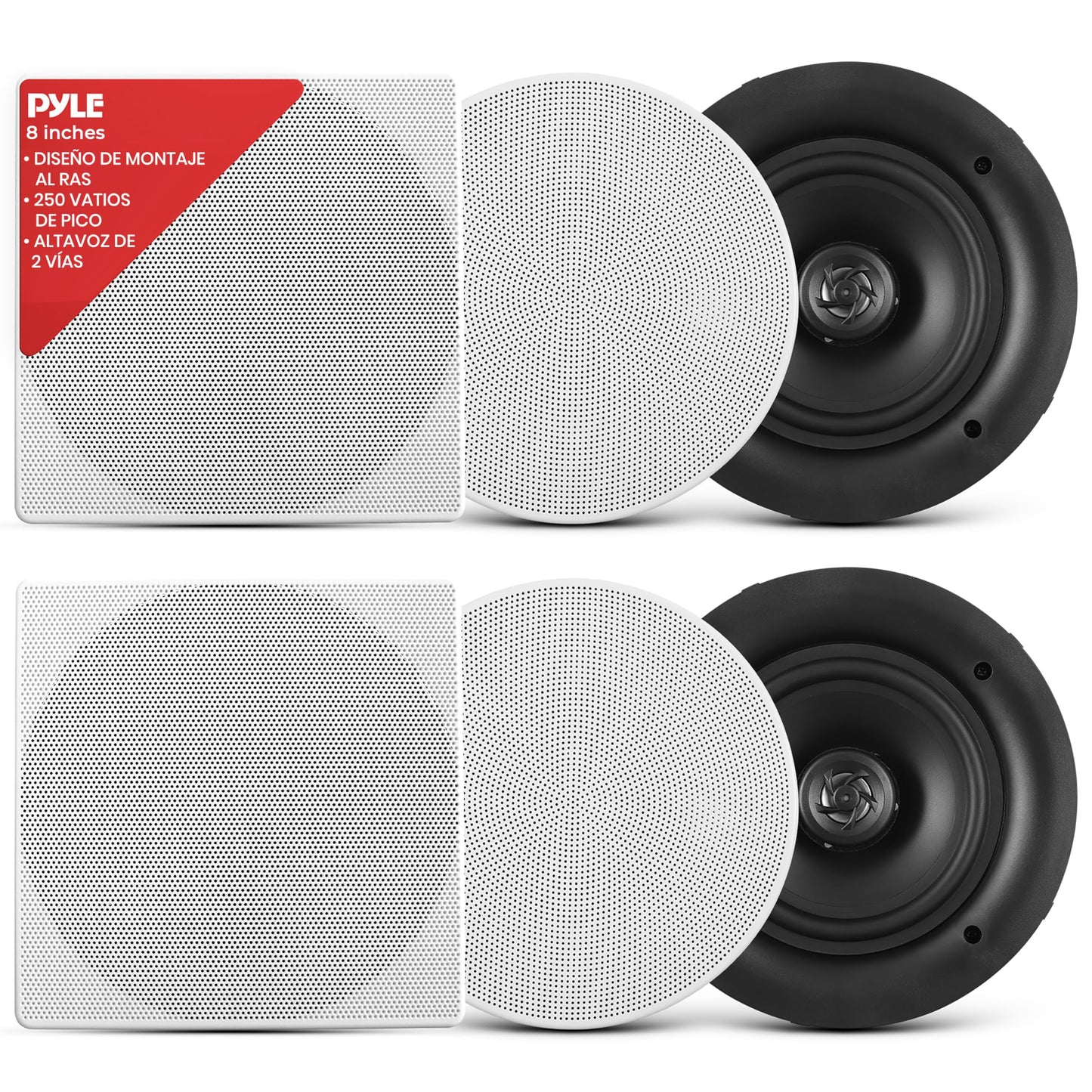 Pyle Par de Altavoces Empotrables de 8 Pulgadas para Techo o Pared de 2 Vías - Sistema de Sonido Estéreo de Rango Completo - Potencia de 250W, Blanco