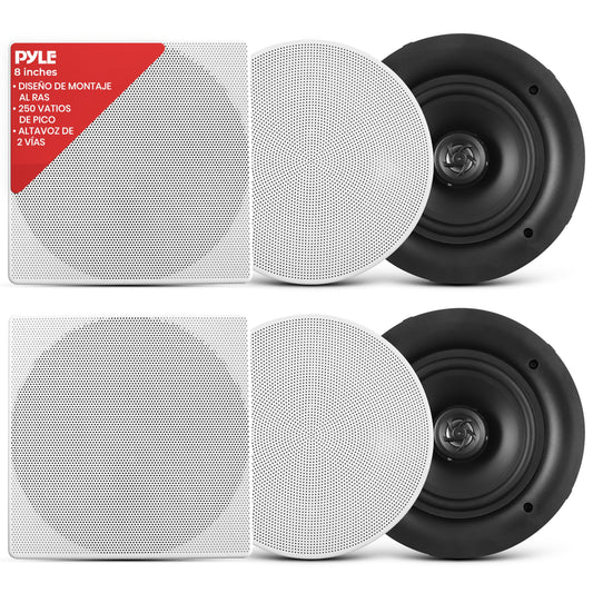 Pyle Par de Altavoces Empotrables de 8 Pulgadas para Techo o Pared de 2 Vías - Sistema de Sonido Estéreo de Rango Completo - Potencia de 250W, Blanco