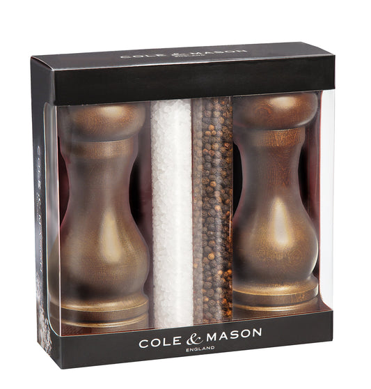 COLE & MASON Capstan Wood Salt and Pepper Grinder Gift Set - Wooden Mills Include Precision Mechanisms and Premium Sea Salt and Peppercorn Refills