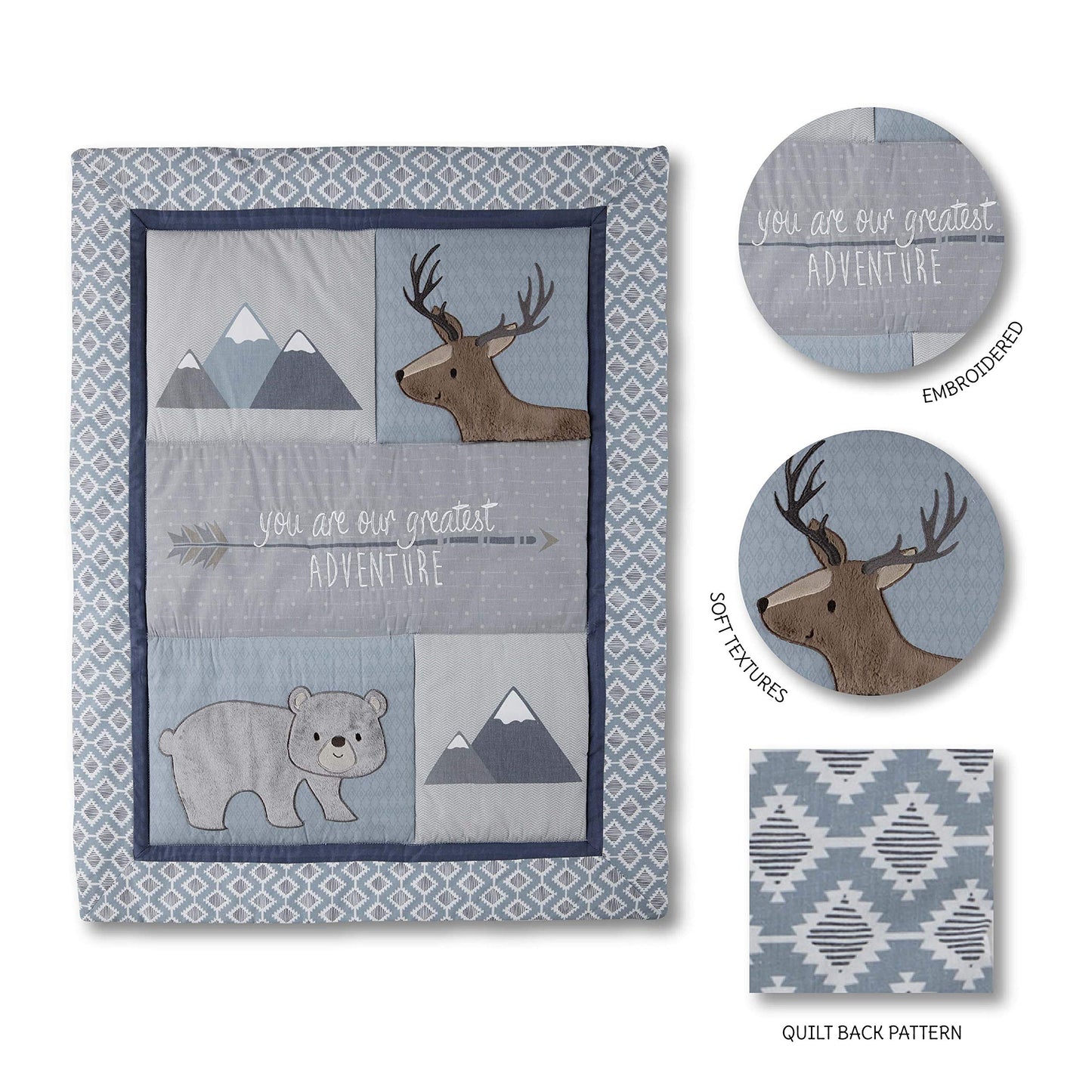 Levtex Baby - Emerson Crib Bed Set - Baby Nursery Set - Navy, Blue, Grey and Tan - Animal Adventure - 4 Piece Set Includes Quilt, Fitted Sheet, Wall Decal & Dust Ruffle