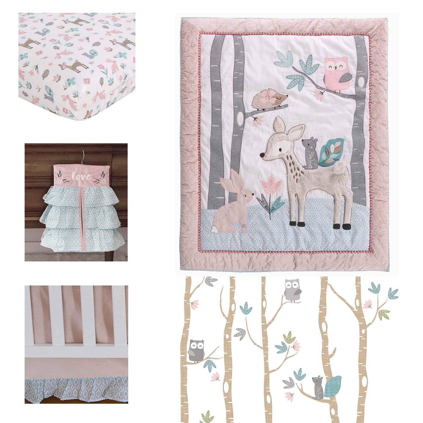 Levtex Baby - Juego de cama Everly Crib - Juego de cama para bebé, color gris azulado y verde azulado, ciervos del bosque y amigos, juego de 5 piezas incluye colcha, sábana bajera, apilador de pañales