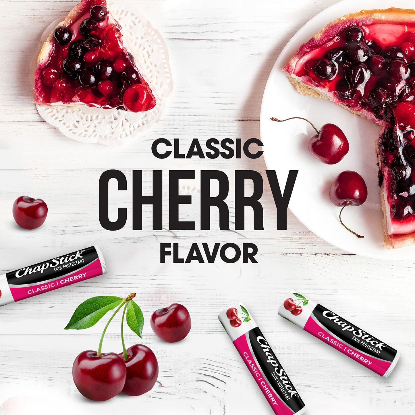 ChapStick Classic (3 Sticks) Cherry Flavor Skin Protectant Flavored Lip Balm Tube, 0.15 Ounce Each