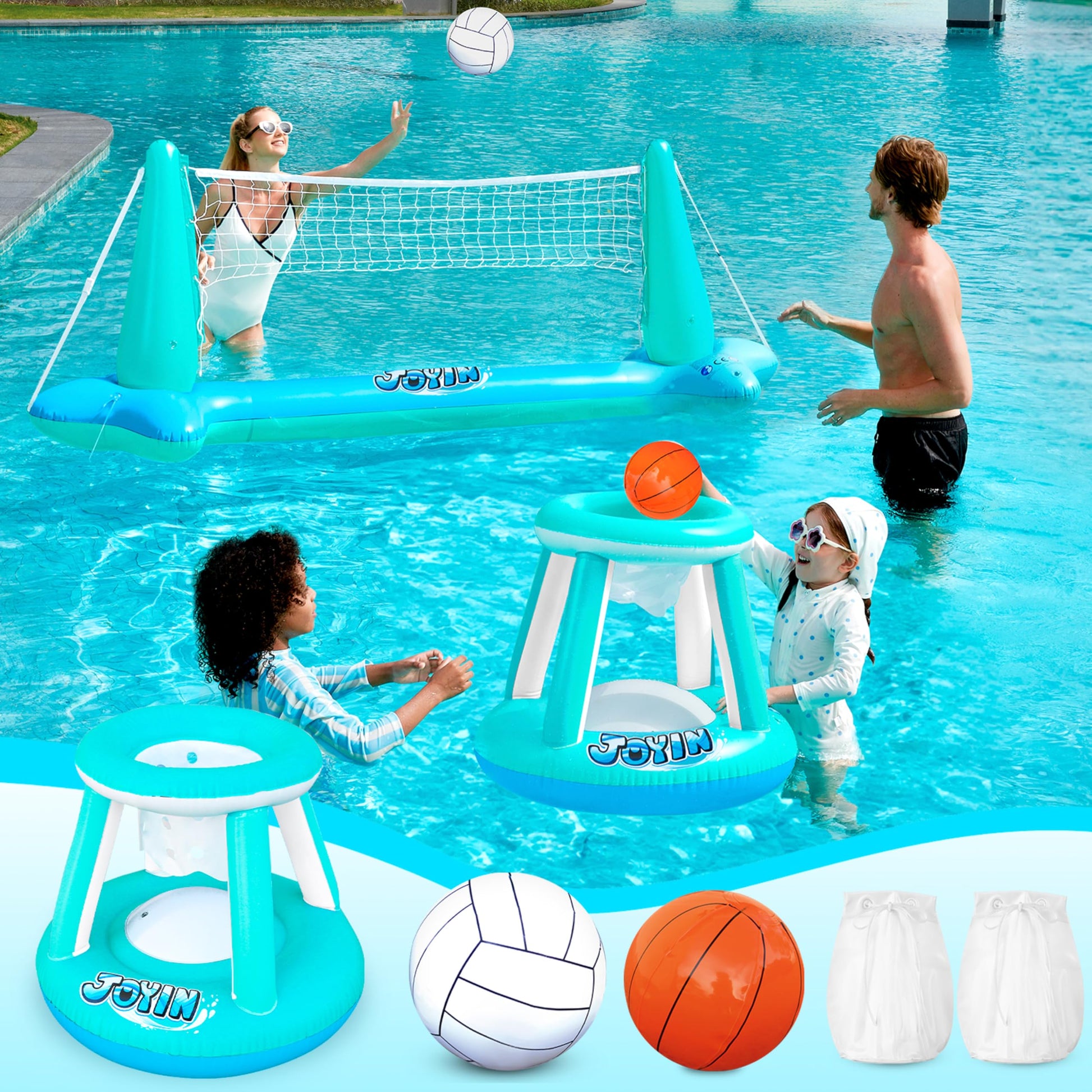 Juegos de Piscina inflables Red de Voleibol y básquetbol, Juguetes de natación Flotante para niños y Adultos, carrozas de Verano, canchas de Voleibol y Baloncesto
