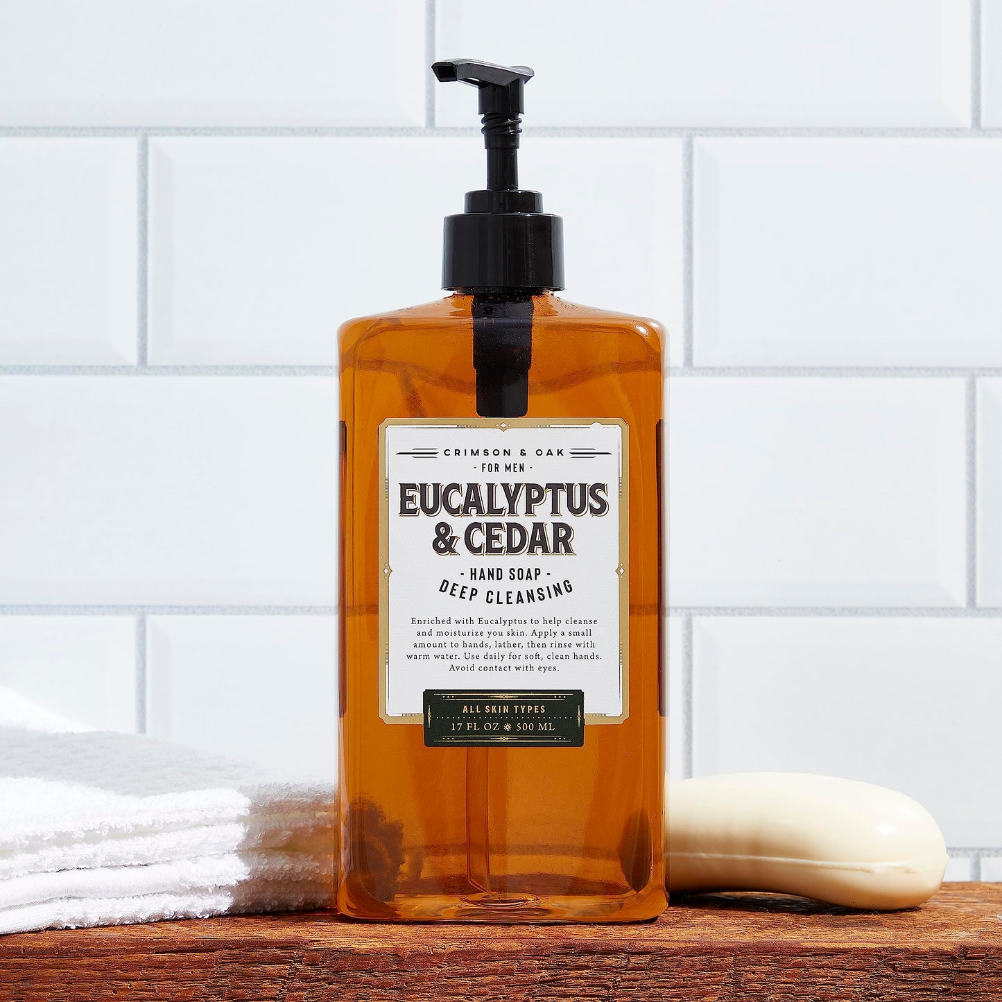 Body Prescriptions- Jabón de manos de limpieza profunda para hombres Crimson & Oak con dispensador de bomba, 17 onzas líquidas (paquete de 4), eucalipto y