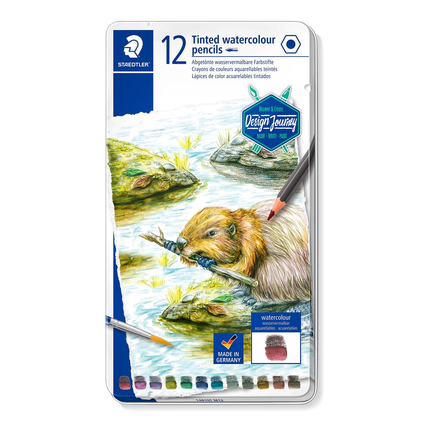 Staedtler - Lápices de grafito tintados solubles en agua, juego de acuarela, preafilados, 12 colores en lata de metal, 14610T M12