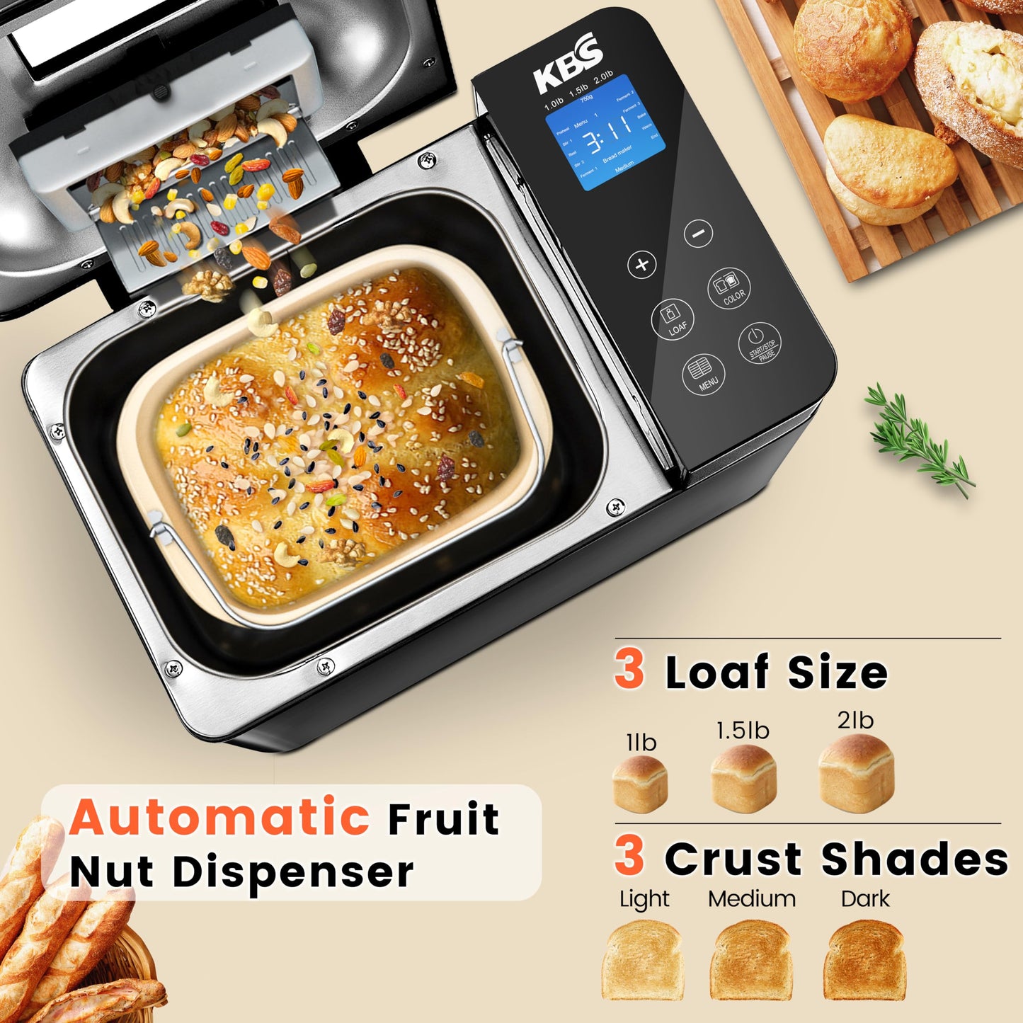 KBS 17 en 1 - Calentadores duales, máquina de acero inoxidable de 710 W sin gluten, máquina de masa, mermelada, yogur PROG, dispensador automático de nueces, bandeja de cerámica y panel táctil, 3