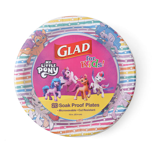 Glad for Kids - Platos de papel para niños con rayas coloridas de My Little Pony - Platos de papel grandes de unicornio para uso diario, 10 pulgadas, 20 unidades, rayas arcoíris