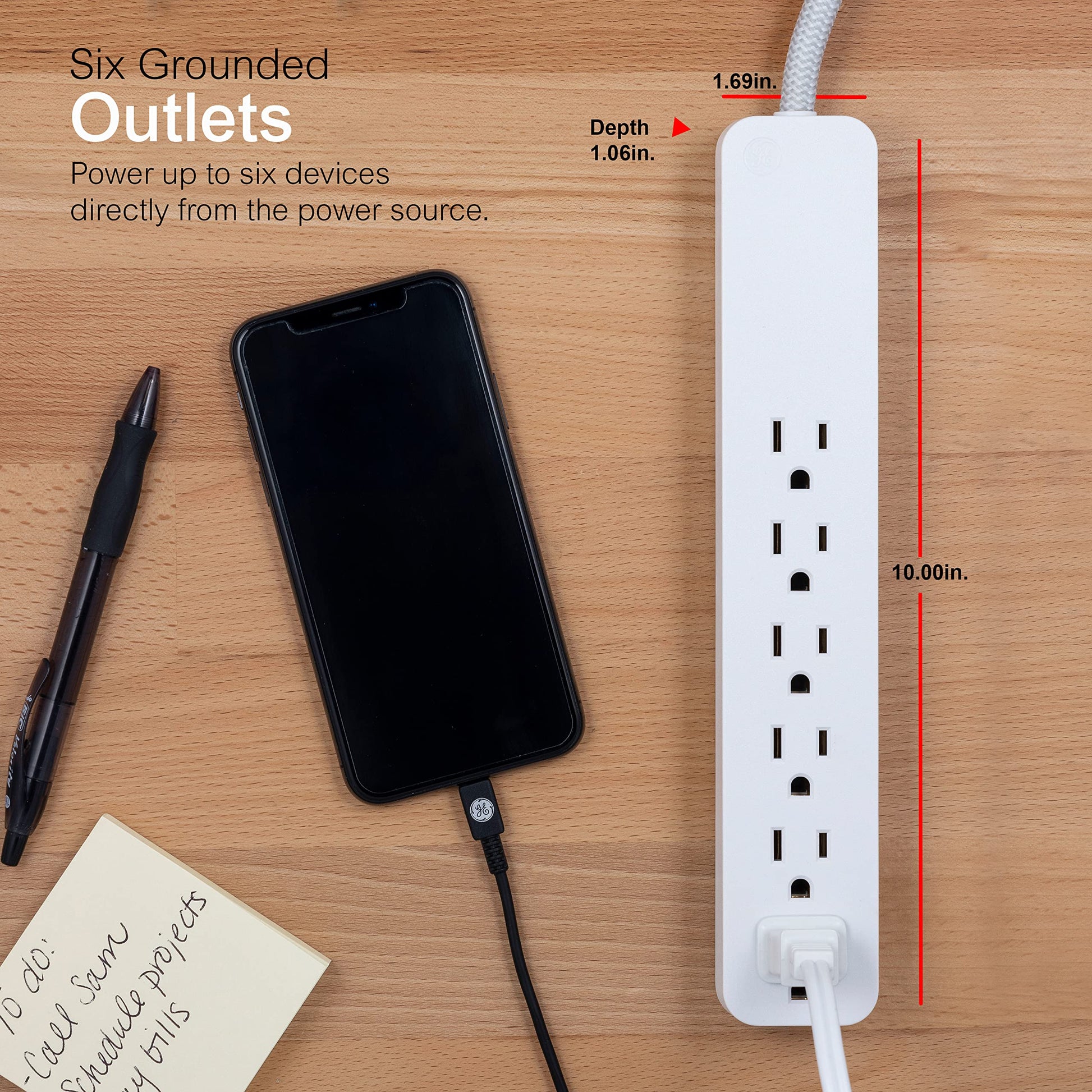 GE Ultra Pro, Multicontactos de 6 Salidas, Enchufe Plano, Cable de Extension Trenzado de .60 m (2 pies), 560 Julios, Certificacion UL, Ranuras para Montaje en Pared, 1 Unidad, Blanco, 45264